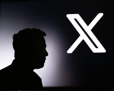 Silhouette of Elon Musk in front of black banner with X logo in background