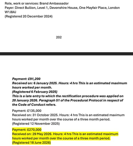 Extract from Farage's entry in register of members' interests