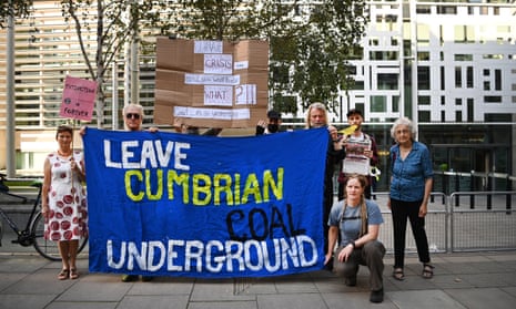 People demonstrating against the proposed Cumbria coalmine outside the Home Office in London