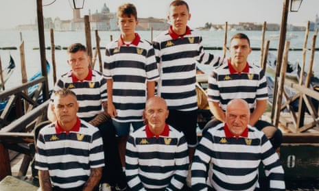 Fans model Venezia’s third kit, inspired by the gondoliers of Venice. 
