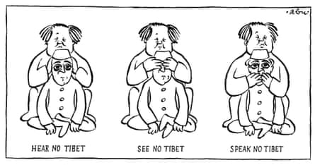 A cartoon by Abu Abraham for the Observer, 29 March 1959, depicting a pastiche of the legend of the three wise monkeys who hear no evil, see no evil and speak no evil with Mao Zedong, preventing Indian PM, Jawaharlal Nehru from taking action in support of Tibet.