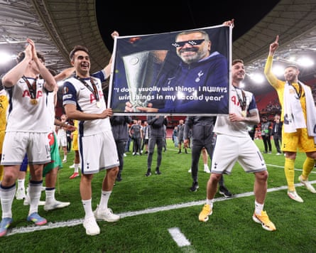 Sergio Reguilón and James Maddison celebrate Tottenham’s Europa League triumph