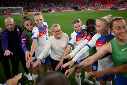 Wiegman leads a team huddle after the Nations league match against Portugal in May.
