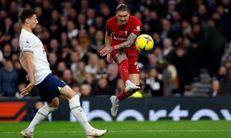 Darwin Núñez unleashes a volley during Liverpool’s victory at Tottenham