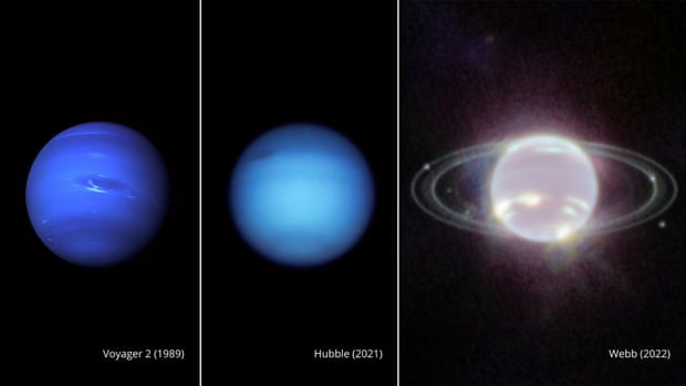 Side-by-side photos of Neptune taken by Voyager 2 in 1989, Hubble in 2021 and Webb in 2022.