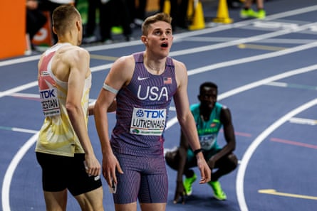 Cooper Lutkenhaus looks to the big screen after winning the 800m at the world indoor championships in March