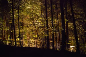 Throughout the night, law enforcement officers run generators and shine spotlights directly into the support camp of the monopod protester.