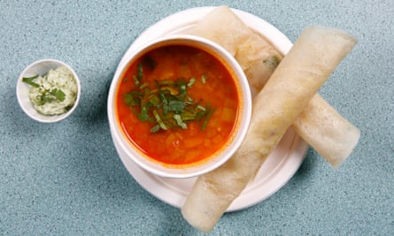 Deep and soothing: crispy masala dosa with lentil soup.