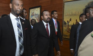 Ethiopia’s prime minister, Abiy Ahmed, centre, arrives at an African Union summit in Addis Ababa in July.