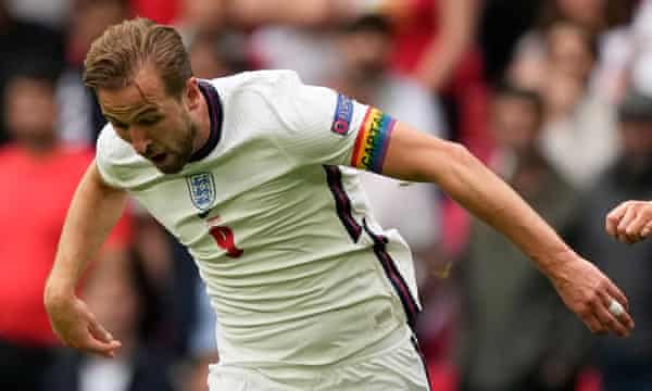 Harry Kane wears a captain's armband bearing the rainbow colours at Euro 2020.
