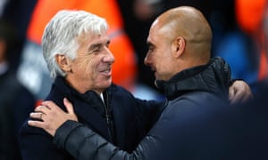 Manchester City’s Pep Guardiola (right) embraces his Atalanta counterpart Gian Piero Gasperini before their Champions League game in October 2019.