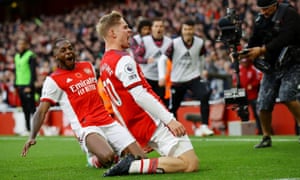 Arsenal's Emile Smith Rowe celebrates scoring.