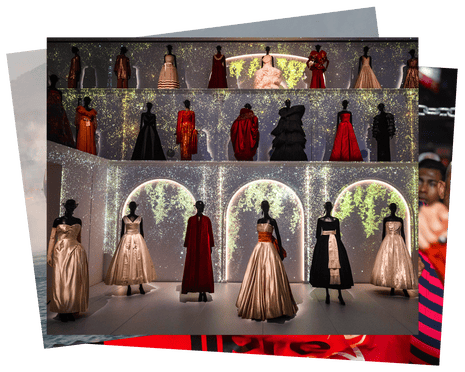 Dresses by Christian Dior displayed at an exhibition in Paris, France.