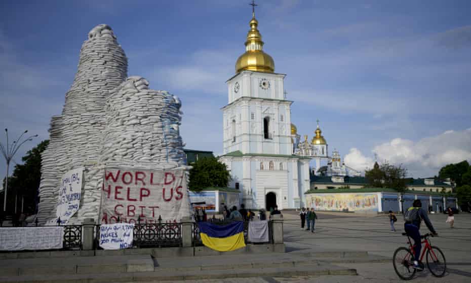 Sand bags cover the Princess Olga Monument in downtown Kyiv, Ukraine on Monday and the Russian war against Ukraine rages on.