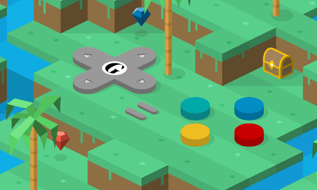 Illustration of a controller in a video game landscape