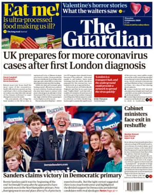 Guardian front page, Thursday 13 February 2020