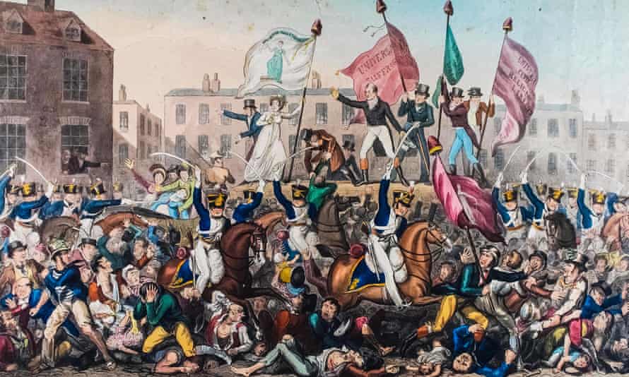 Print showing the Peterloo massacre, published by Richard Carlile in 1819.