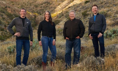 US-SPACE-BLUE ORIGIN-SHATNER<br>This handout photo released by Blue Origin Media on October 12, 2021 shows the four member Blue Origin crew (from R) Chris Boshuizen, Canadian actor William Shatner, Audrey Powers and Glen de Vries posing at an undisclosed location. - Blue Origin announced on October 10 that it was delaying its flight set to carry actor William Shatner to space due to anticipated winds. The new flight is scheduled for October 13. (Photo by - / BLUE ORIGIN / AFP) / RESTRICTED TO EDITORIAL USE - MANDATORY CREDIT "AFP PHOTO / BLUE ORIGIN " - NO MARKETING - NO ADVERTISING CAMPAIGNS - DISTRIBUTED AS A SERVICE TO CLIENTS (Photo by -/BLUE ORIGIN/AFP via Getty Images)