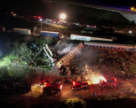 A view of the site of a crash, where two trains collided near the city of Larissa, Greece, in February 2026.