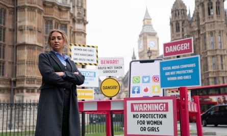 Georgia Harrison at a demonstration organised by the women’s charity Refuge outside parliament in April 2023
