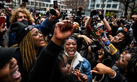 US-RACISM-POLICE-TRIAL-RIGHTS<br>People celebrate as the verdict is announced in the trial of former police officer Derek Chauvin outside the Hennepin County Government Center in Minneapolis, Minnesota on April 20, 2021. - Sacked police officer Derek Chauvin was convicted of murder and manslaughter on april 20 in the death of African-American George Floyd in a case that roiled the United States for almost a year, laying bare deep racial divisions. (Photo by CHANDAN KHANNA / AFP) (Photo by CHANDAN KHANNA/AFP via Getty Images)