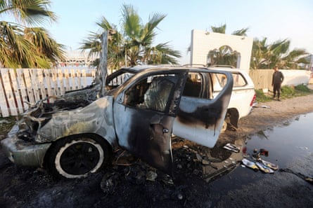 A destroyed aid vehicle