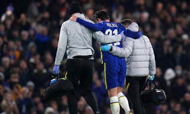 Ben Chilwell is helped off the pitch after injuring his ACL against Juventus.