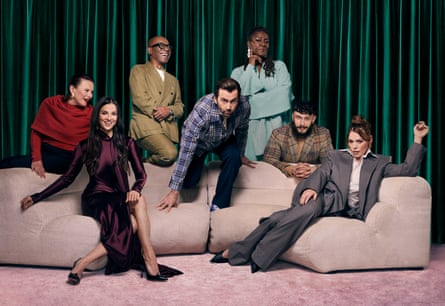 David Tennant, Lennie James, Monica Dolan, Billie Piper, Richard Gadd, Marisa Abela and Sharon D Clarke sat on a sofa