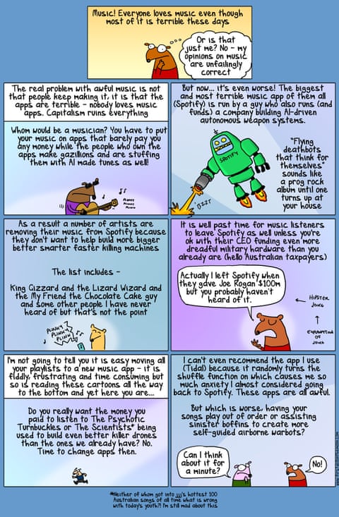 Cartoon by First Dog on the Moon titled Escape Spotify, panel 1