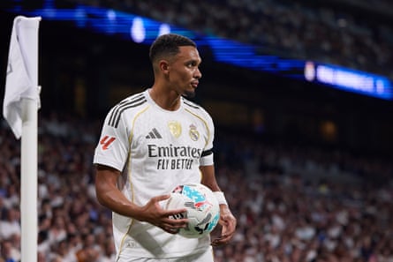 Trent Alexander-Arnold with ball in hand before a corner for Real Madrid