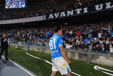 Giacomo Raspadori celebrates after putting Napoli 2-1 up against Genoa.