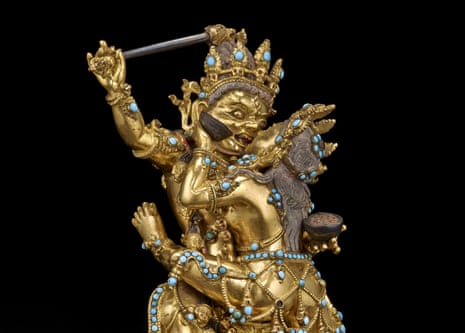 Raktayamari in union with Vajravetali (detail), Tibet, 1500s–1600s. 