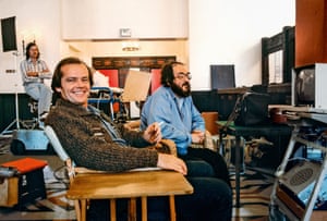 Jack Nicholson and Stanley Kubrick on the Overlook Lobby set at Elstree Studios, with sound recordist Ivan Sharrock.
