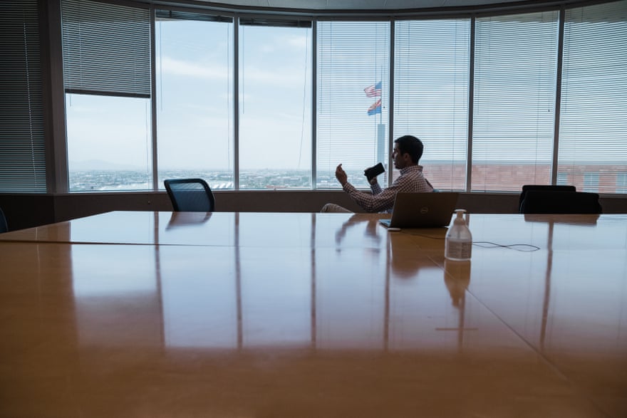David Hondula, director of the Office of Heat Response and Mitigation, takes a call from a reporter about rumors that Joe Biden will soon declare a nationwide climate emergency.