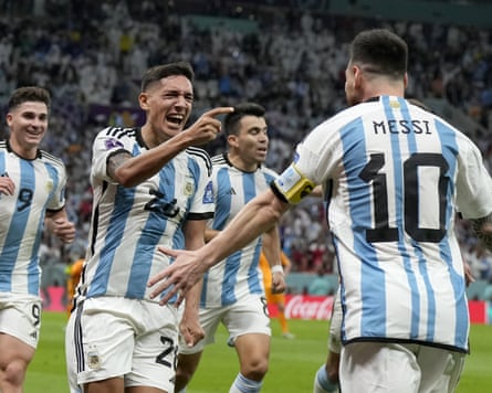 Nahuel Molina (second left) celebrates his extremity against nan Netherlands successful 2022 pinch Lionel Messi.