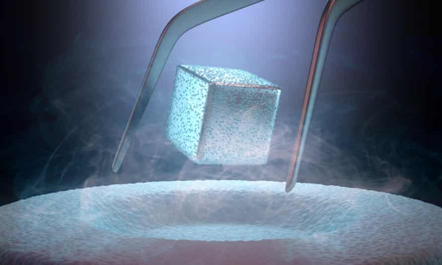 An artist’s depiction of magnetic material levitating above a high temperature superconductor
