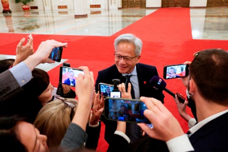 Nvidia CEO Jensen Huang speaks to the media as he arrives for the meeting between Chinese premier Li Qiang and US business representatives in Beijing.