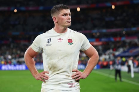 Owen Farrell of England looks dejected at full-time after their team's defeat in the Rugby World Cup France 2023 match between England and South Africa.