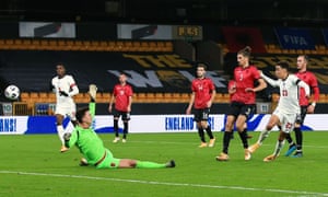 Jamal Musiala scores for England’s Under-21s against Albania last month.