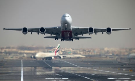An Emirates Airline Airbus A380 plane takes off from Dubai International Airport in Dubai.