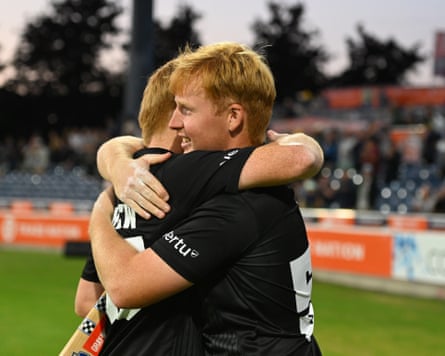 Thomas Rew and James Rew of Somerset embrace following the Men’s Metro Bank One Day Cup match between Somerset and Durham at The Cooper Associates County Ground on August 08, 2025.