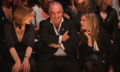 Philip Green with Sarah Brown (left) and Kate Moss at a charity fashion show in 2010.