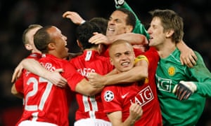 Manchester United’s players celebrate victory against Barcelona in Champions League semi-final second leg at Old Trafford.