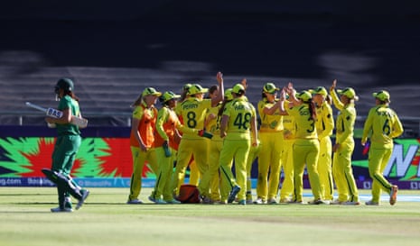 Australia players celebrate the wicket of Tazmin Brits.