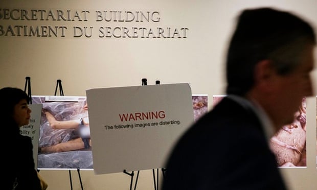 A warning at the exhibition of the ‘Caesar’ photographs at the UN headquarters in New York