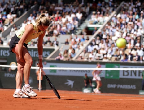 Maja Chwalinska reacts as a shot by Mirra Andreeva goes past her.