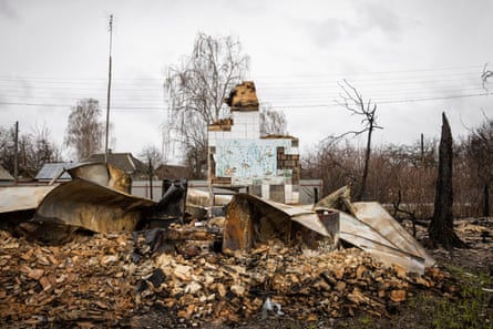 Destroyed buildings in the village of Stara Basan, east of Kyiv.