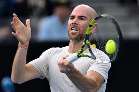 Adrian Mannarino hits a forehand to Ben Shelton.