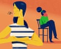 An illustration of a woman speaking with her arms crossed, while another woman sits on a chair crying