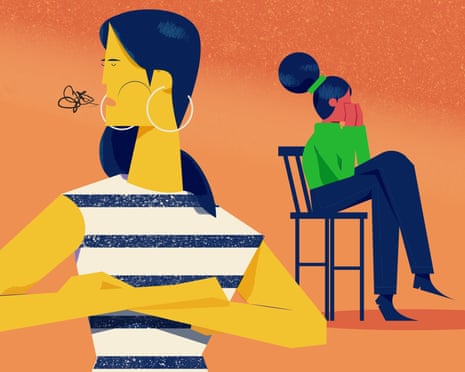 An illustration of a woman speaking with her arms crossed, while another woman sits on a chair crying